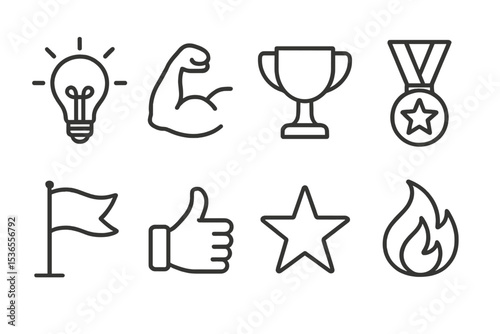 Motivation Icons. Line style icons for motivation and mindset: light bulb, muscle arm, trophy, medal, goal flag, thumbs up, star,