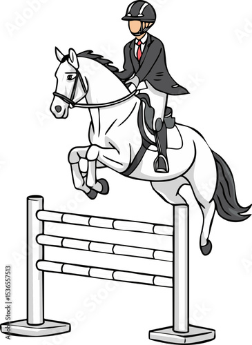 Equestrian Jumping Illustration – Horse and Rider in Show Jumping Competition