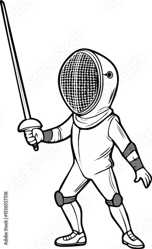 Black and White Illustration of a Fencer in Full Gear Holding a Sword