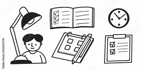 Productive person doodles office desk setting Study lamp clock clipboard open notebook checklist icon style