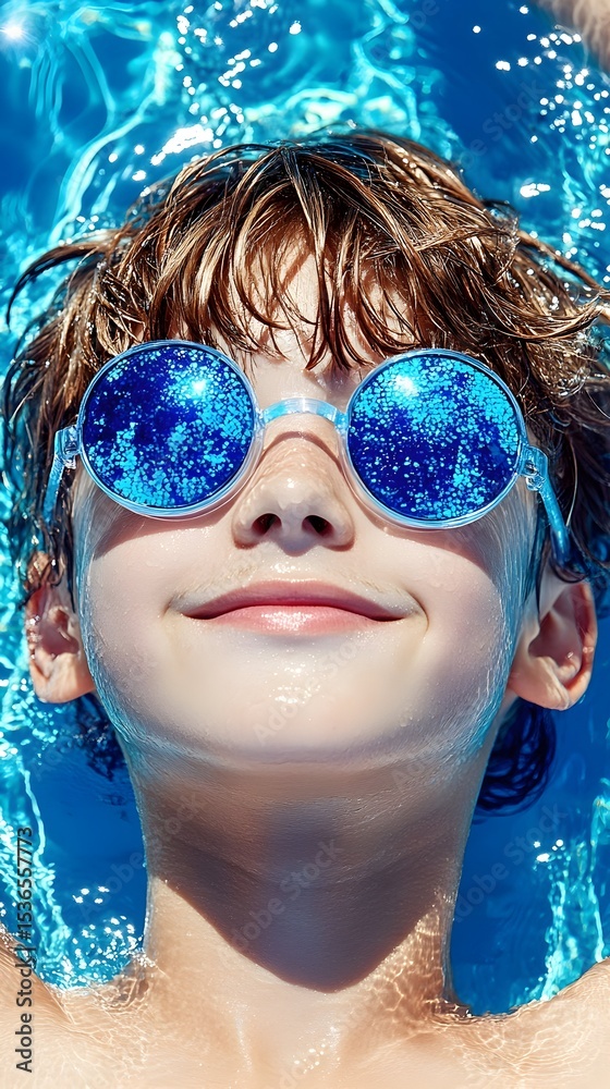Naklejka premium Boy floats, pool, summer fun, sunny day