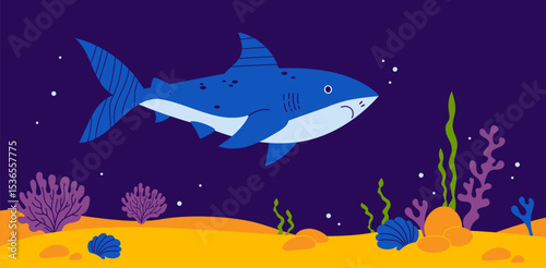 Shark with algae and sandy seabed on dark blue background. Horizontal underwater landscape poster. Vector illustration