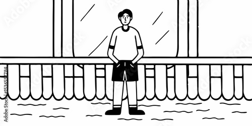 Minimalist Waterfront Character Sketch Graphic Illustration Black and White Outlined Person on the Edge of