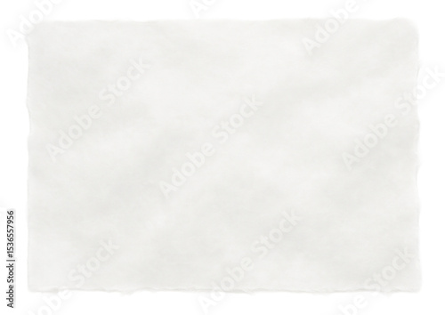 A piece of white textured handmade paper with uneven edges on transparent background.