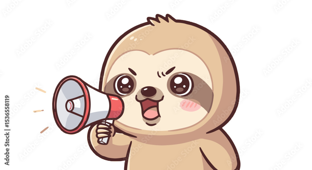 Bicho-preguiça kawaii com um megafone, em estilo adesivo vetorial