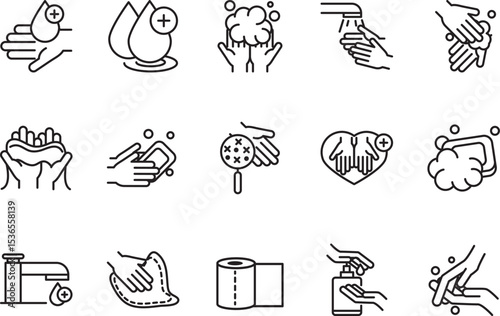 Essential Hygiene Practices Handwashing, Sanitization, and Cleanliness Icons - Vector Illustrations