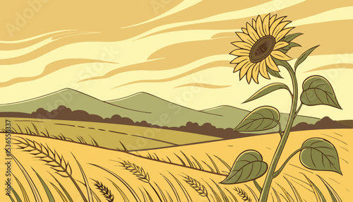 single sunflower standing in golden field at sunset with mountain view lifestyle nature concept warm light rustic countryside aesthetic    