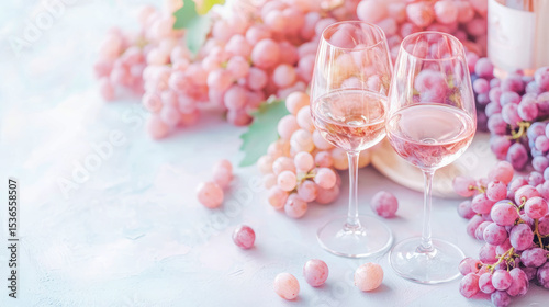 Celebratory toast concept: Two glasses of rosé wine with pink grapes, symbolizing luxury, indulgence and moments of joyful celebration