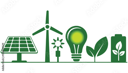 Green energy concept with wind turbine, leaf, and light bulb icons symbolizing eco-friendly power and environmental design