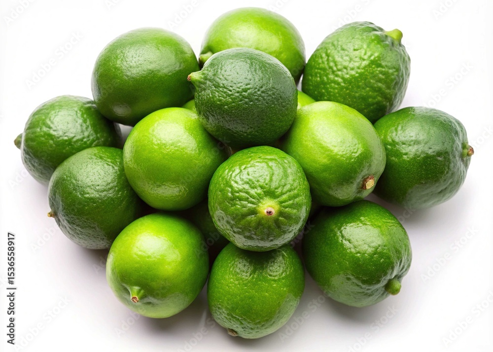 A vibrant pile of fresh limes stacked high on a white surface A vibrant pile of fresh limes stacked high on a white surface