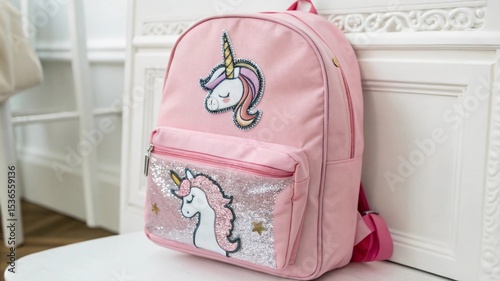 Close-up of a small pink school bag with a unicorn patch and glittery accents