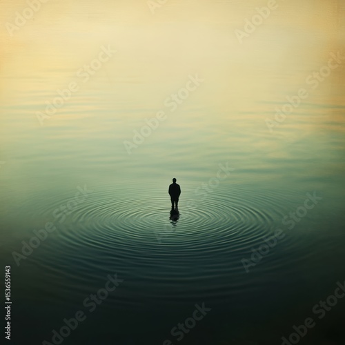 Solitary contemplative man standing in calm turquoise water creating ripples beautiful art scene