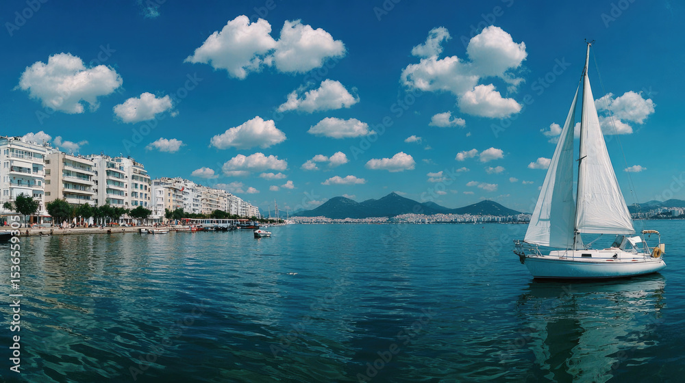 Obraz premium Sailboat on Sunny Day in Serene Coastal City with Mountains and Clouds in the Background