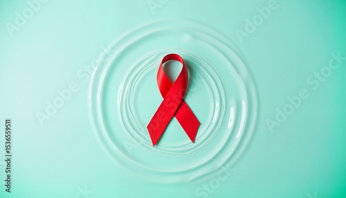 Red awareness ribbon with water ripples on aqua surface, World AIDS Day, self-care symbolism
