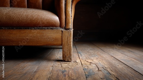 Torn Leather Sofa with Visible Rips and Rustic Wooden Legs in a Dimly Lit Interior Space