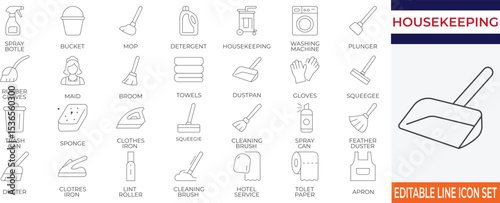 A collection of stroke icons representing housekeeping tools and cleaning equipment. Includes mop, detergent, sponge, gloves, spray bottle, and more.