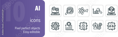 Artificial intelligence editable stroke line icons set on white background for web and mobile