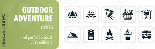 Simple black and white icon set featuring camping and outdoor recreation themes