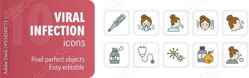Viral infection symptoms and prevention editable stroke icon set