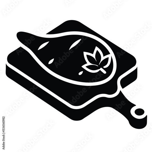 Black and white minimalist illustration of served dish with leaf garnish on wooden cutting board