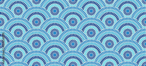 Greek pattern mosaic tile seamless sea texture blue background Rome vector design. Ancient Mediterranean marble floor ornament architecture illustration. Circular wave border decor interior art.