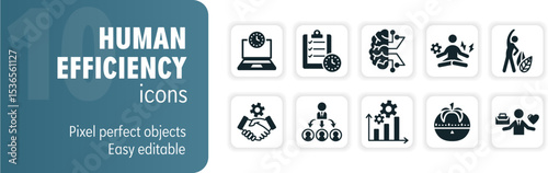 Human efficiency icon set featuring productivity and time management visuals