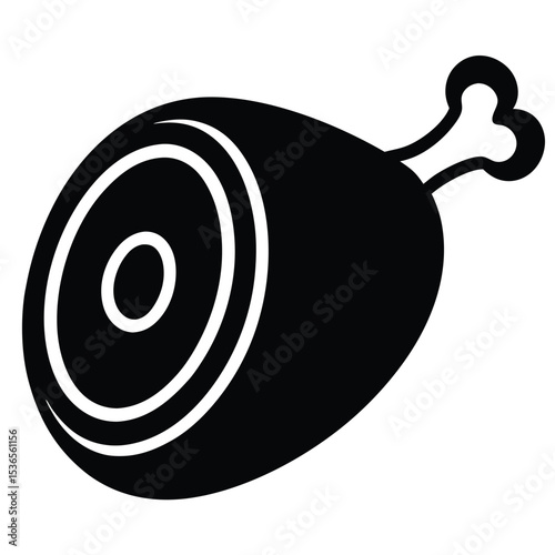 Black and white vector illustration of a cooked ham leg ready for consumption