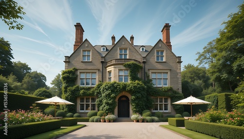 Wallpaper Mural Elegant large traditional house surrounded by lush garden landscape with outdoor umbrellas Torontodigital.ca