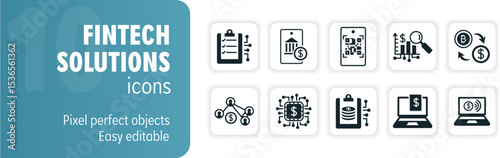 Fintech solutions icon set with bank, cryptocurrency, and financial technology symbols