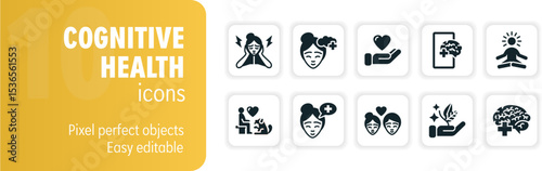 Cognitive health icons showing mental wellbeing, mindfulness, and psychology