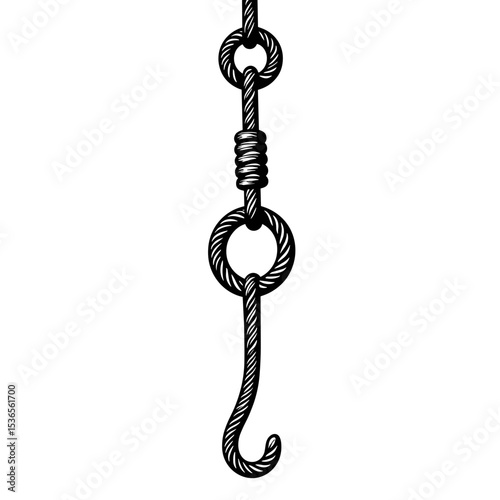 Black and white isometric icon of a curved metal hook tied to a looped rope with a secure knot. Stylized symbol of manual lifting, fastening, or rigging component in construction or nautical use
