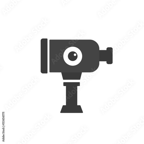 Isometric black and white icon of a surveying telescope or optical instrument on a tripod.  Industrial design representing geodetic equipment, measurement, or precision alignment in construction