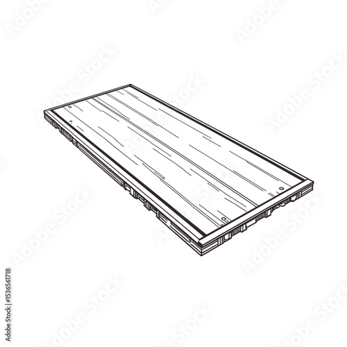 Black and white isometric icon of a framed rectangular wooden board with interlocking edges and visible grain. Stylized representation of a construction panel or flooring element