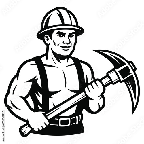 Strong firefighter with axe in heroic pose, bold monochrome graphic with outline style for safety and rescue themes

