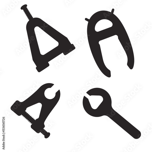 Isometric black and white icon set of C-clamp, caliper, spring clamp, and wrench. Design of gripping and measuring tools used in construction, assembly, and maintenance work