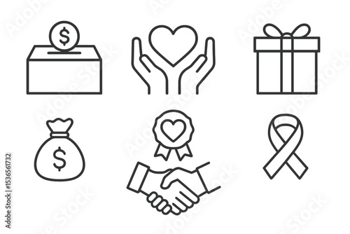 Charity Line Icons. Line style icons for charitable giving: donation box, heart hands, charity badge, gift box, money bag,