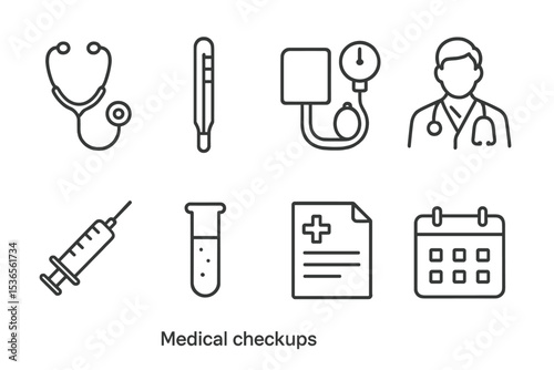 Medical Checkup Icons. Line style icons for medical checkups: stethoscope, thermometer, blood pressure cuff, doctor, syringe, lab