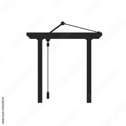 Isometric black and white icon of a gantry crane with triangular truss reinforcement above the main beam. Symbol of heavy lifting device used in construction and industrial logistics