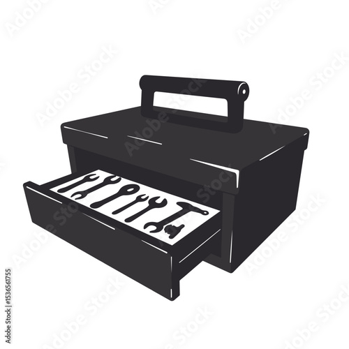 Isometric black and white icon of a toolbox with an open drawer displaying hand tools. Design representing portable storage and organization for construction or repair work