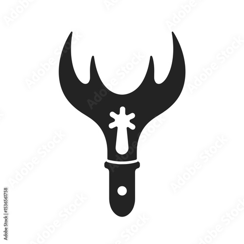 Isometric black and white icon of a stylized three-prong hook or fork tool with symbolic cross detail. Design  for construction concept, emblem, or symbolic equipment design