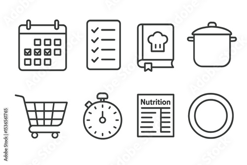Meal Planning Icons. Line style icons for meal planning: calendar, grocery list, recipe book, cooking pot, shopping cart, timer,