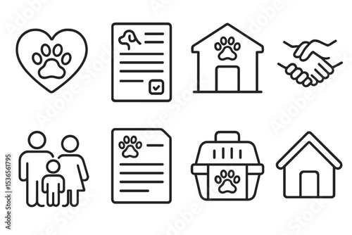 Pet Adoption Icons. Line style icons for pet adoption: heart paw, adoption form, shelter building, handshake, family, paperwork,