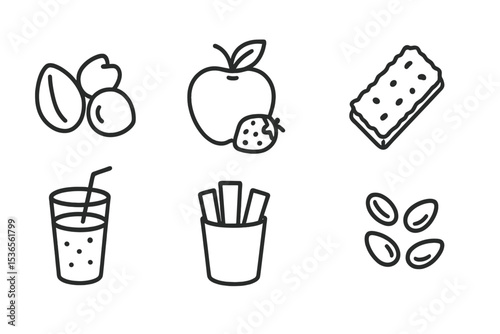 Healthy Snack Icons. Line style icons for healthy snacks: nuts, fruit, yogurt, granola bar, smoothie, vegetable sticks, cheese,