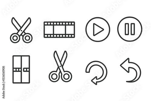 Video Editing Icons. Line style icons for video editing tools: scissors, timeline, play button, pause button, split clip, trim,