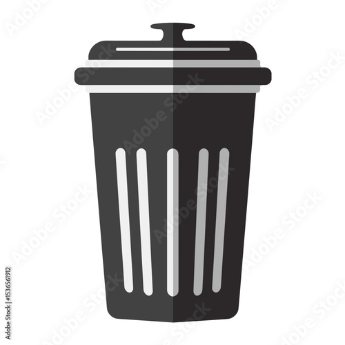 Isometric black and white icon of industrial trash container with lid. Illustration of a bin for construction waste and debris used at construction sites and warehouses