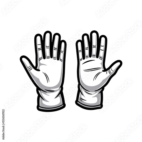 Black and white isometric icon of a pair of work gloves shown palm-up with articulated fingers. Stylized symbol representing protective wear for construction, assembly, or safety environments