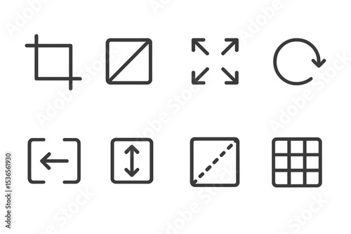 Line Style Icons. Line style icons for cropping and resizing: crop frame, aspect ratio, resize arrows, rotate, flip horizontal,