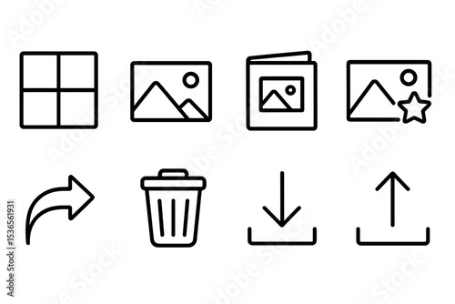 Photo Album Icons. Line style icons for photo albums and galleries: grid view, slideshow, album cover, favorites, share, delete,