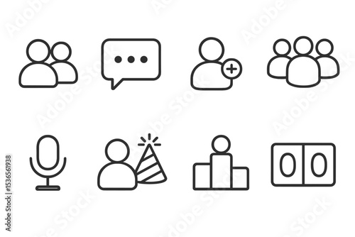 Multiplayer Icon Set. Line style icons for multiplayer: player avatars, chat bubble, friend request, team, voice chat, party