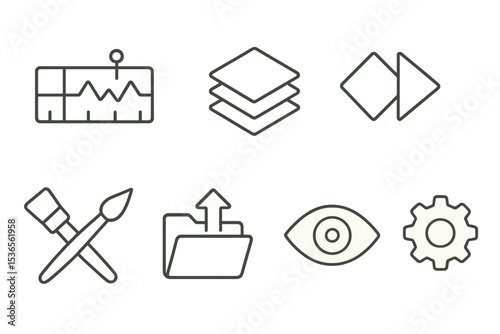 Animation Software Icons. Line style icons for animation software: timeline, layers, keyframe, playhead, brushes, export, preview,